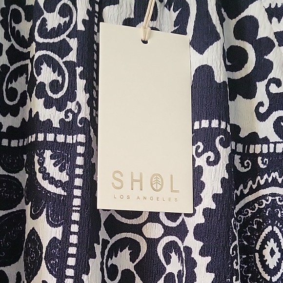 NWT Shol Los Angeles Black & White Boho Peasant Blouse Short Sleeve M - Picture 9 of 11